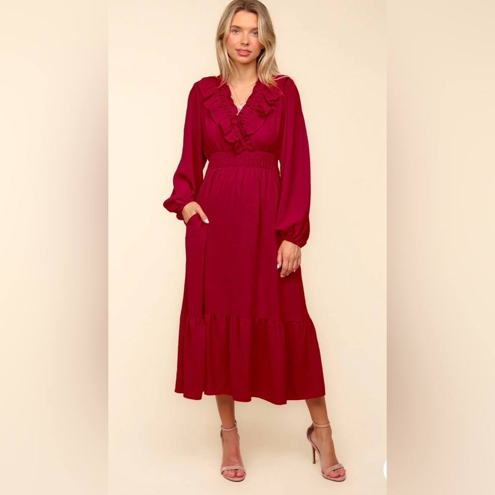 Haptics Red V-Neck Ruffle dress with pockets